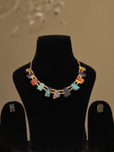 Multicolour Stone Studded Brass Necklace Set with Stud Earrings
