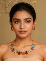 Multicolour Stone Studded Brass Necklace Set with Stud Earrings