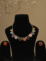 Multicolour Stone Studded Brass Necklace Set with Stud Earrings