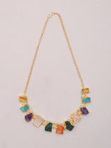 Multicolour Stone Studded Brass Necklace Set with Stud Earrings