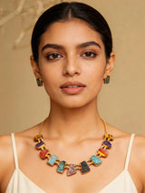 Multicolour Stone Studded Brass Necklace Set with Stud Earrings