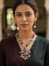 Meenakari Floral Enamel and Beaded Stone Necklace Set with Earrings