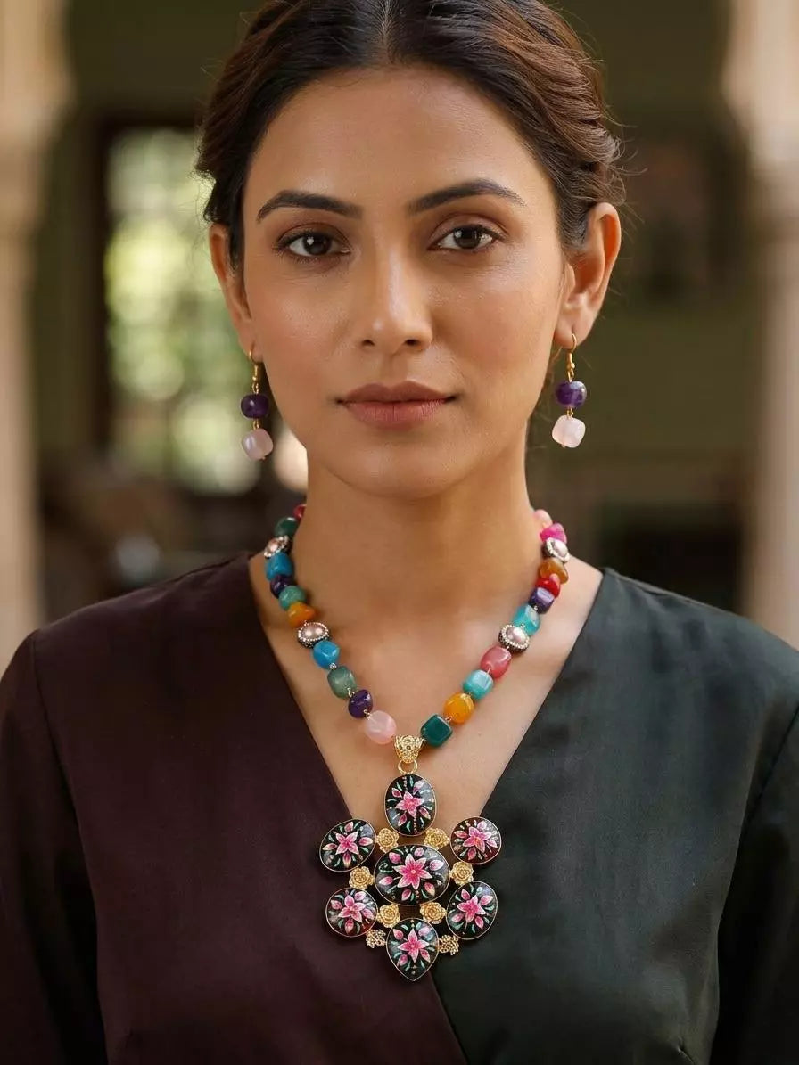 Meenakari Floral Enamel and Beaded Stone Necklace Set with Earrings