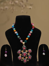 Meenakari Floral Enamel and Beaded Stone Necklace Set with Earrings