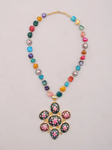 Meenakari Floral Enamel and Beaded Stone Necklace Set with Earrings