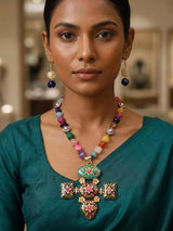 Meenakari Floral Multicolour Stone Beaded Necklace Set with Earrings