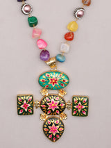 Meenakari Floral Multicolour Stone Beaded Necklace Set with Earrings