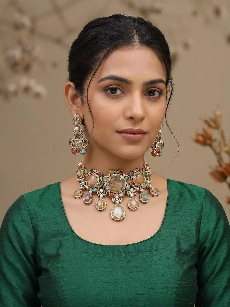 Heritage Stone Studded Brass Choker Set with Earrings