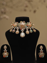 Heritage Stone Studded Brass Choker Set with Earrings