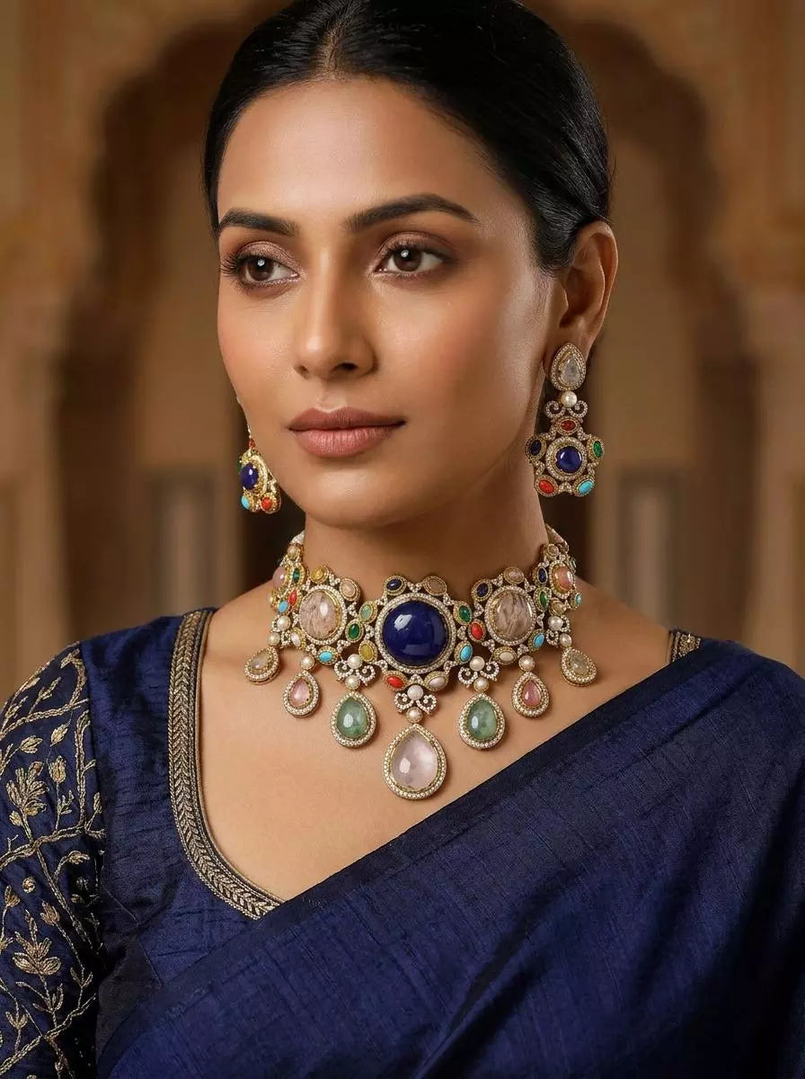 Multicolour Stone Studded Brass Choker Set with Earrings