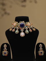 Multicolour Stone Studded Brass Choker Set with Earrings