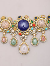 Multicolour Stone Studded Brass Choker Set with Earrings