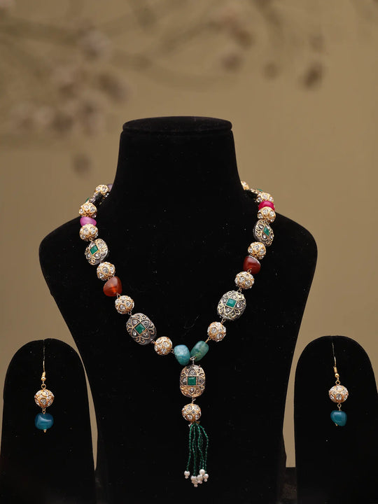 Multicolour Stone and Beaded Tassel Necklace Set with Earrings