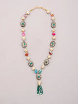 Multicolour Stone and Beaded Tassel Necklace Set with Earrings