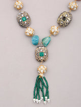 Multicolour Stone and Beaded Tassel Necklace Set with Earrings