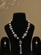 Multicolour Stone and Beaded Tassel Necklace Set with Earrings