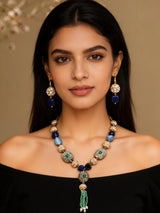 Multicolour Stone and Beaded Tassel Necklace Set with Earrings