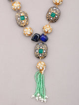 Multicolour Stone and Beaded Tassel Necklace Set with Earrings