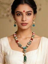 Multicolour Stone and Beaded Tassel Necklace Set with Earrings