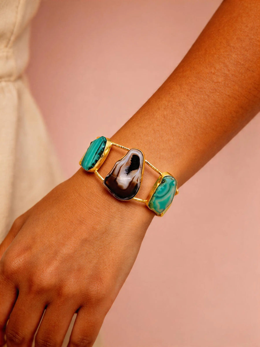 Green and Purple Stone Triple Panel Open Cuff Bracelet
