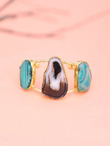 Green and Purple Stone Triple Panel Open Cuff Bracelet