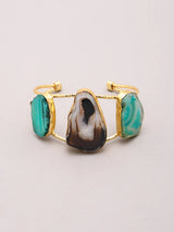Green and Purple Stone Triple Panel Open Cuff Bracelet