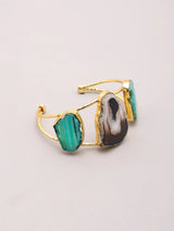 Green and Purple Stone Triple Panel Open Cuff Bracelet