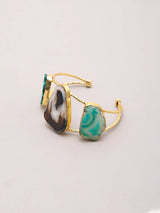 Green and Purple Stone Triple Panel Open Cuff Bracelet