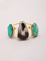 Green and Purple Stone Triple Panel Open Cuff Bracelet