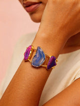 Green and Purple Stone Triple Panel Open Cuff Bracelet