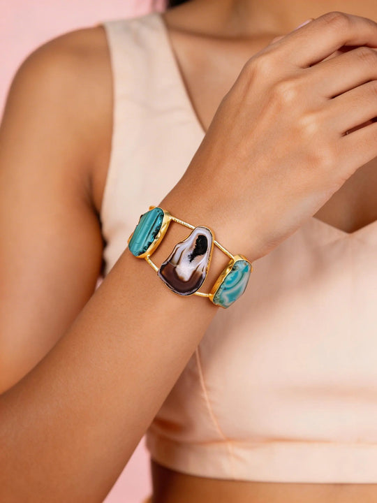 Green and Purple Stone Triple Panel Open Cuff Bracelet