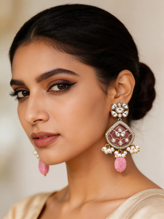 Pink and White Kundan Stone Studded Earrings with Bead Drop