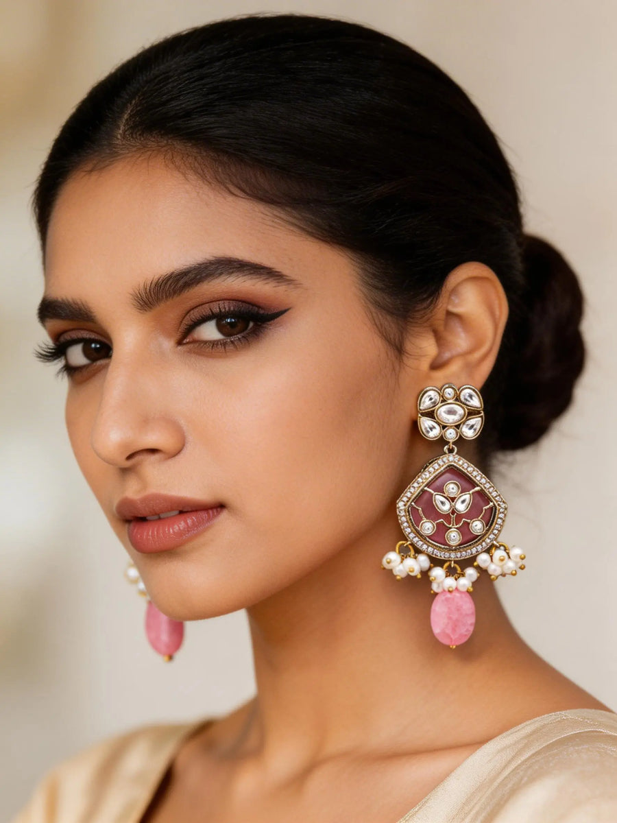 Pink and White Kundan Stone Studded Earrings with Bead Drop