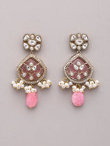 Pink and White Kundan Stone Studded Earrings with Bead Drop