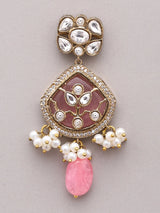Pink and White Kundan Stone Studded Earrings with Bead Drop