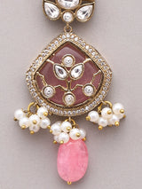 Pink and White Kundan Stone Studded Earrings with Bead Drop