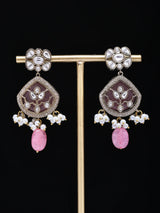 Pink and White Kundan Stone Studded Earrings with Bead Drop