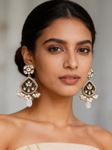 Pink and White Kundan Stone Studded Earrings with Bead Drop