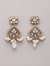 Pink and White Kundan Stone Studded Earrings with Bead Drop
