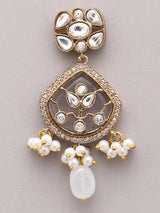 Pink and White Kundan Stone Studded Earrings with Bead Drop