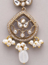 Pink and White Kundan Stone Studded Earrings with Bead Drop