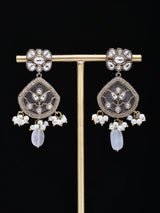 Pink and White Kundan Stone Studded Earrings with Bead Drop