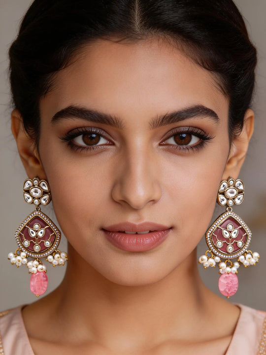Pink and White Kundan Stone Studded Earrings with Bead Drop