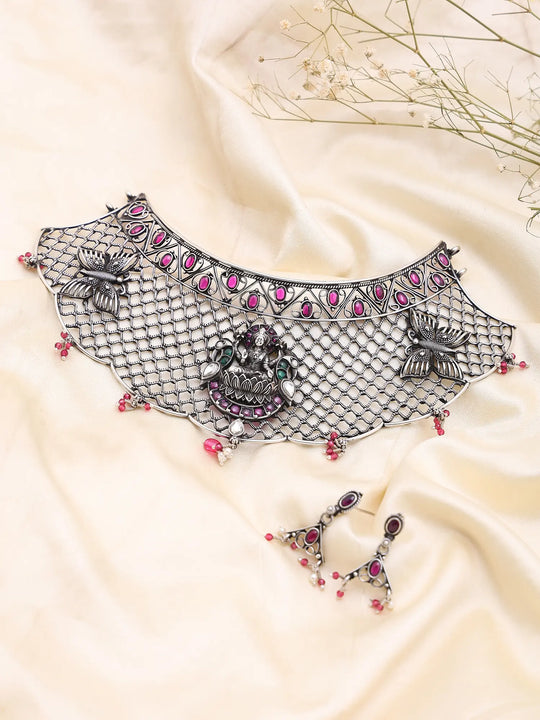 Goddess Lakshmi Jaali Work Oxidised Sterling Silver Necklace Set