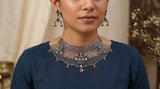 Goddess Lakshmi Jaali Work Oxidised Sterling Silver Necklace Set