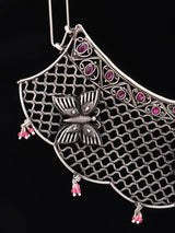 Goddess Lakshmi Jaali Work Oxidised Sterling Silver Necklace Set