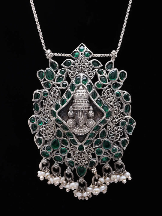 Lord Balaji Oxidised Sterling Silver Pendant with Pearl Drops