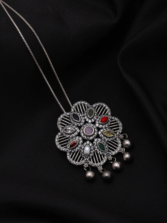 Floral Mandala Navaratna Oxidised Sterling Silver Pendant