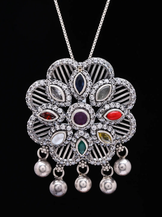 Floral Mandala Navaratna Oxidised Sterling Silver Pendant