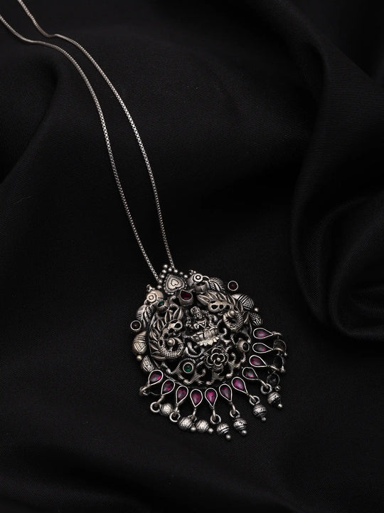 Goddess Lakshmi Temple Silver Pendant with Dangling Beads